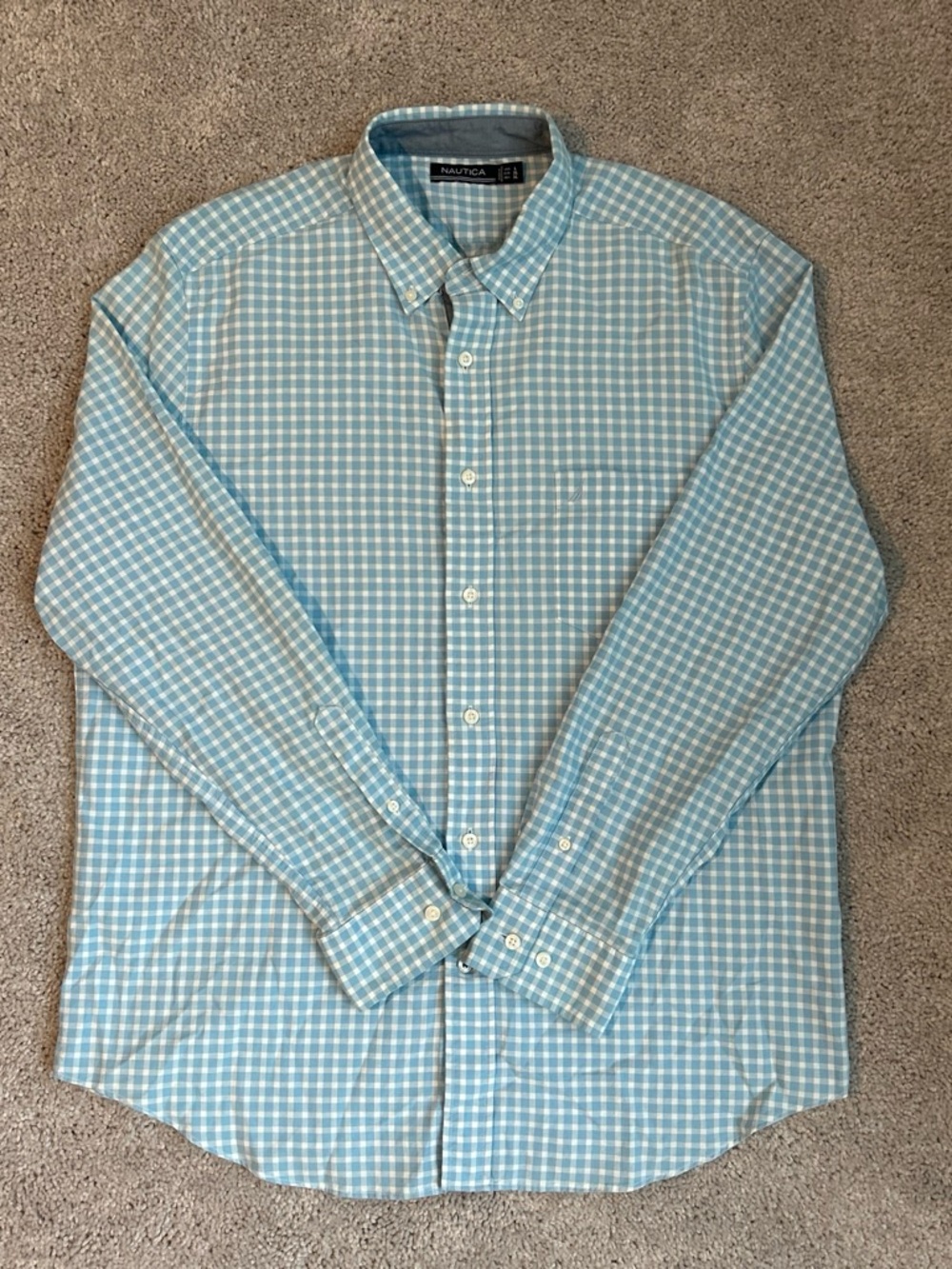Nautica Men’s Light Blue and White Gingham Button-Down Shirt